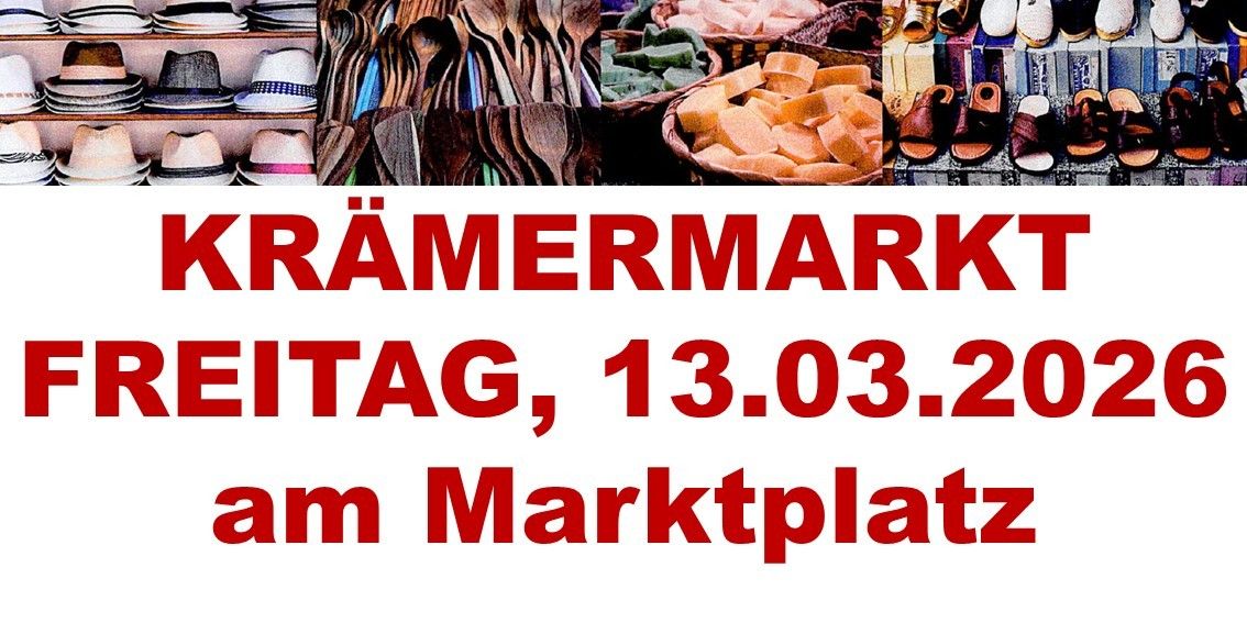 Eine Werbung für einen Markt mit verschiedenen Artikeln wie Hüten, Schuhen, Holzlöffeln und Seife. Der Markt findet am Samstag, 13. März am Marktplatz statt.