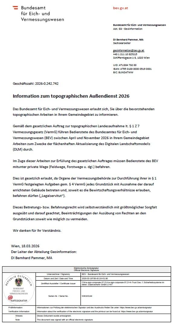 Offizieller Brief vom Österreichischen Bundesamt für Eich- und Vermessungswesen. Der Brief informiert über bevorstehende topographische Arbeiten im Jahr 2026. Der Brief enthält Details zu den Vermessungsaktivitäten.