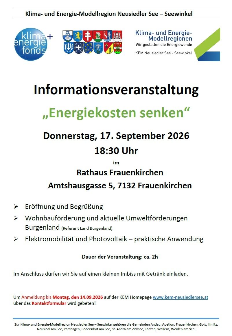 Plakat für eine Informationsveranstaltung mit dem Titel 'Energiekosten senken' am 17. September 2026 um 18:30 Uhr im Rathaus Frauenkirchen, Burgenland. Themen sind Eröffnung, Bauanforderungen, Umweltvorschriften, Elektromobilität und Photovoltaik. Dauer: ca. 2 Stunden.