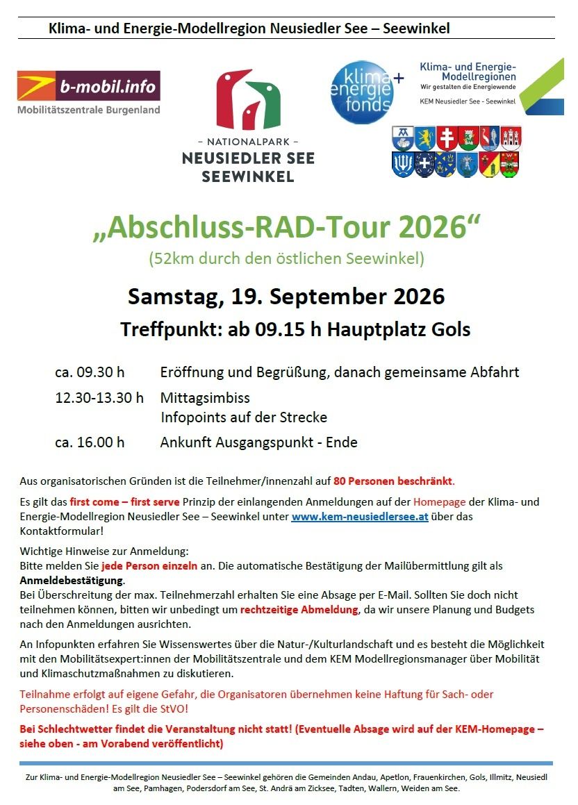 Plakat für die 'Abschluss-RAD-Tour 2026' Veranstaltung, geplant für Samstag, 19. September 2026. Die Veranstaltung beginnt um 09:15 am Hauptplatz in Gols, mit Registrierung und Einweisung, gefolgt von einer gemeinsamen Abfahrt. Der Treffpunkt ist um 12:30-13:30 für eine Mittagspause. Informationspunkte werden entlang der Strecke verfügbar sein. Die Veranstaltung endet gegen 16:00.