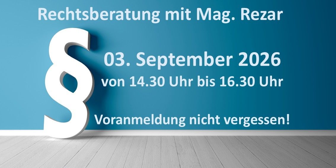 Eine blaue Wand mit einem weißen Buchstaben 'S' und Text in weißer Schrift, der 'Lichtsberatung mit Mag. Reza' und '03. September 2026 von 14.30 Uhr bis 16.30 Uhr' lautet. Der Boden ist aus Holz.