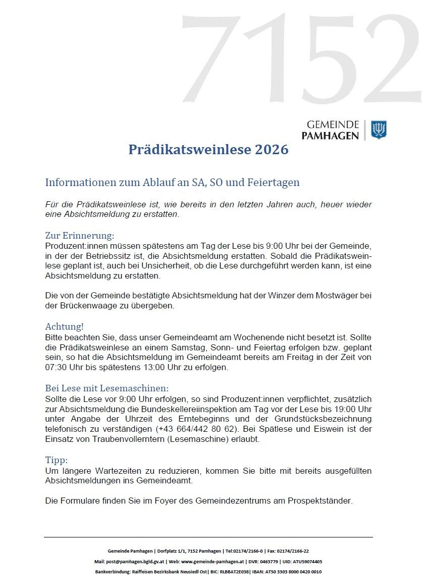 Das Bild zeigt ein Dokument mit Informationen zur Predikatsweinlese 2026. Es enthält Details zur Absichtsmeldung für die Weinlese, Datum und Uhrzeit für die Einreichung der Meldung sowie Anweisungen für Produzenten. Das Dokument erwähnt auch die Inspektion von Weinkellern und den Einsatz von Traubensortiermaschinen.