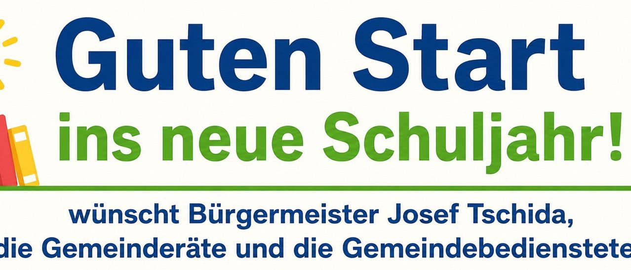 Ein weißes Banner mit blauem und grünem Text. Es steht 'Ten Sten Neue Schuhe' und darunter 'Bürgermeister Josef Räte und die Gemeinde'. Der Text ist in einer fetten, serifenlosen Schrift.