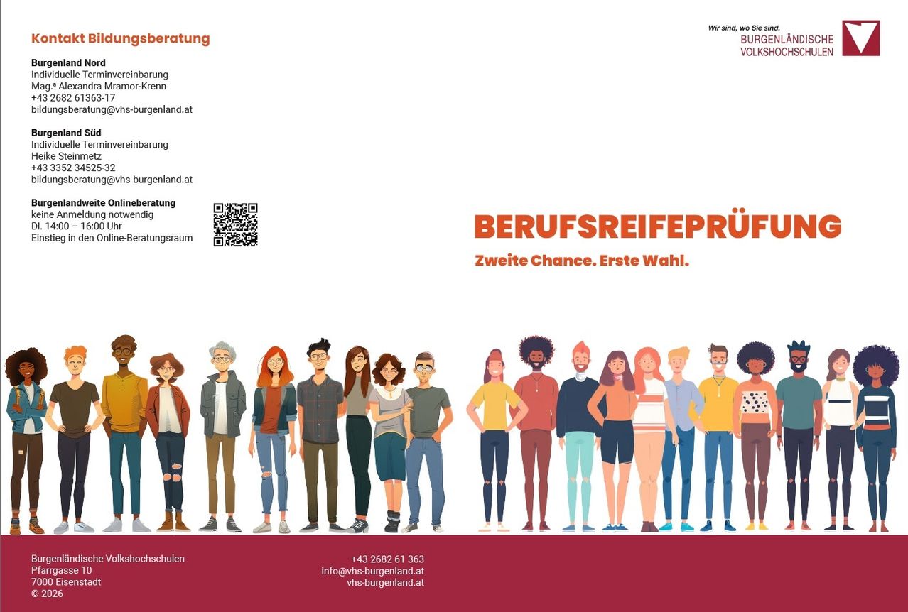 Werbeanzeige für einen Berufsberatungsdienst, die eine Gruppe von verschiedenen Personen in einer Reihe zeigt. Der Text lautet 'BERUFSREIFEPRÜFUNG Zweite Chance. Erste Wahl.' mit einem QR-Code für weitere Informationen. Kontaktdetails und Website sind ebenfalls angegeben.