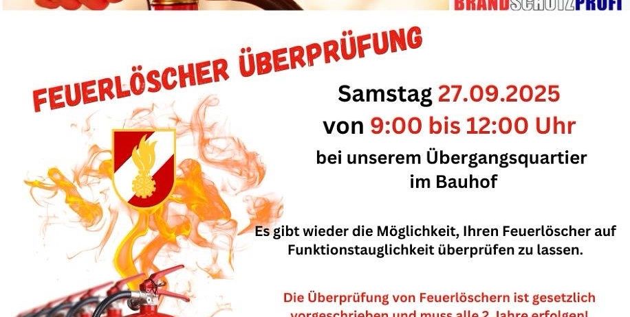 Ein Bild eines Feuerlöschers, der gehalten wird. Es enthält einen Zeitplan für eine Feuerlöscher-Überprüfung am 27. September 2025 von 9:00 bis 12:00 am Gebäudeeingang. Der Text betont auch die Wichtigkeit der Überprüfung der Feuerlöscherfunktionalität.