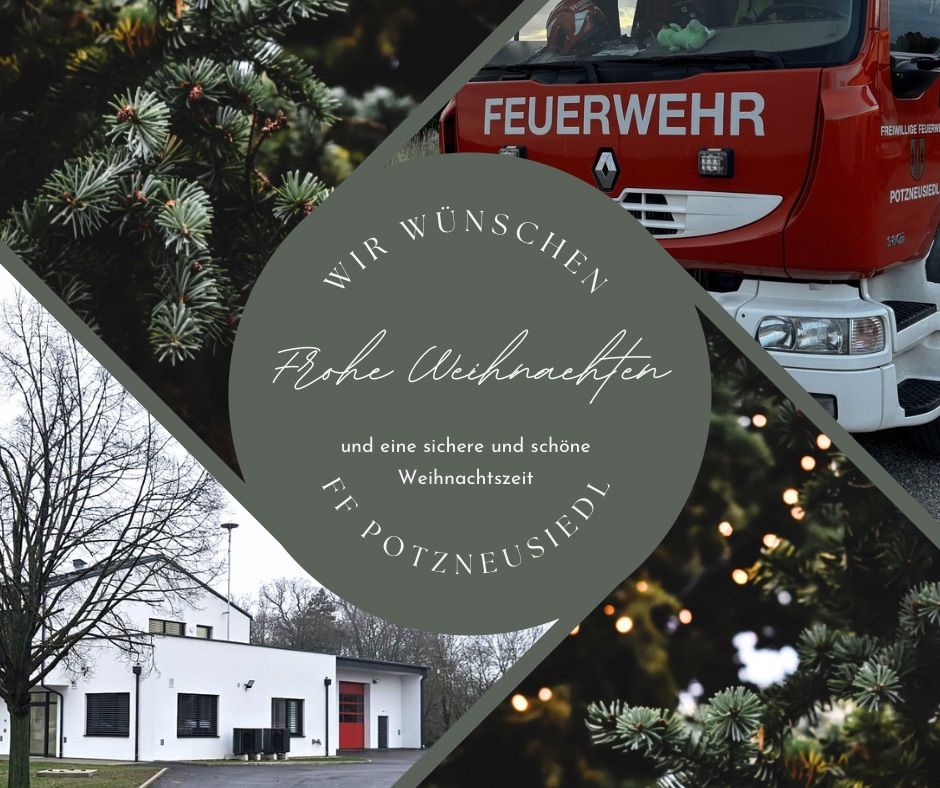 Eine Collage zeigt einen Feuerwehrwagen, einen Weihnachtsbaum und ein Gebäude. Ein roter LKW mit dem Wort 'Feuerwehr' ist zu sehen, während ein beleuchteter Weihnachtsbaum rechts steht. Links ist ein Gebäude mit einer roten Tür und einem Baum zu sehen.