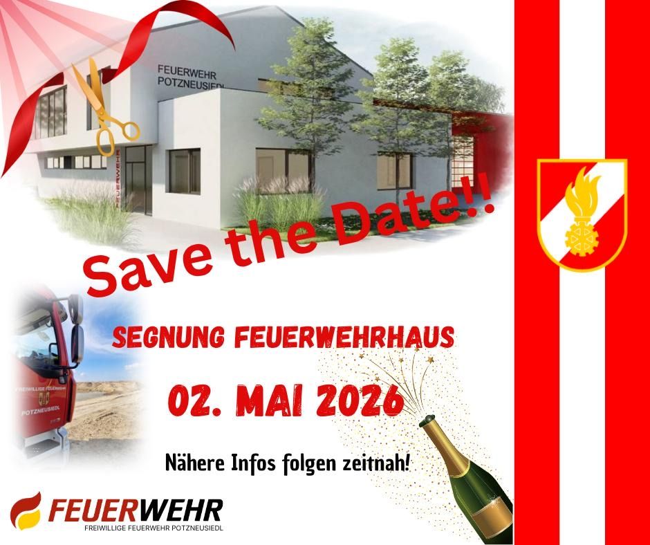 Poster advertising the opening of a new fire station, with a ribbon, scissors, and a champagne bottle. The date is May 2, 2026. More information will be provided soon.