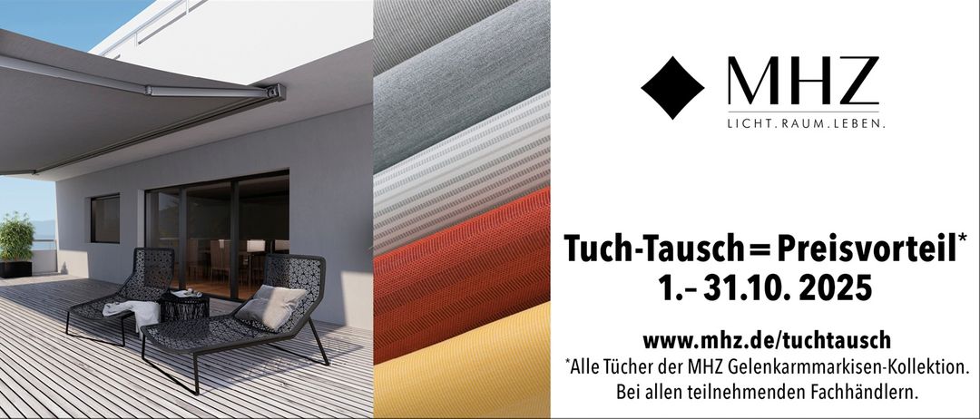 Eine Terrasse mit einem Liegestuhl und einem Tisch. Rechts sind verschiedene Stoffmuster ausgestellt. Die Texte 'Tuch-T' und 'Alle Tucher Bei a' befinden sich auf der rechten Seite.