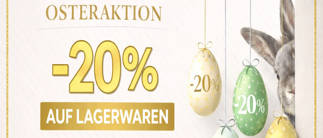 Werbung für Osteraktion. 20% Rabatt auf Lagerware vom 16.03. bis 03.04.2026. Kaninchen schaut durch eine Tür mit hängenden Ostereiern.