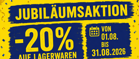 Ein Plakat für einen 55-jährigen Jubiläumsverkauf von Raumausstattung Weber, mit einem 20% Rabatt auf Lagerware vom 1. August bis 31. August 2026. Das Plakat zeigt Luftballons, Konfetti und einen festlichen Ton.
