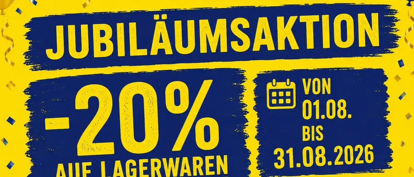 Ein Plakat für einen 55-jährigen Jubiläumsverkauf von Raumausstattung Weber, mit einem 20% Rabatt auf Lagerware vom 1. August bis 31. August 2026. Das Plakat zeigt Luftballons, Konfetti und einen festlichen Ton.