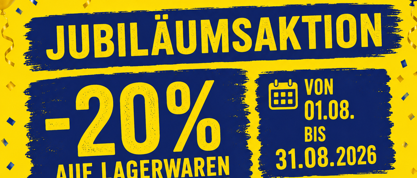 Ein Plakat für einen 55-jährigen Jubiläumsverkauf von Raumausstattung Weber, mit einem 20% Rabatt auf Lagerware vom 1. August bis 31. August 2026. Das Plakat zeigt Luftballons, Konfetti und einen festlichen Ton.