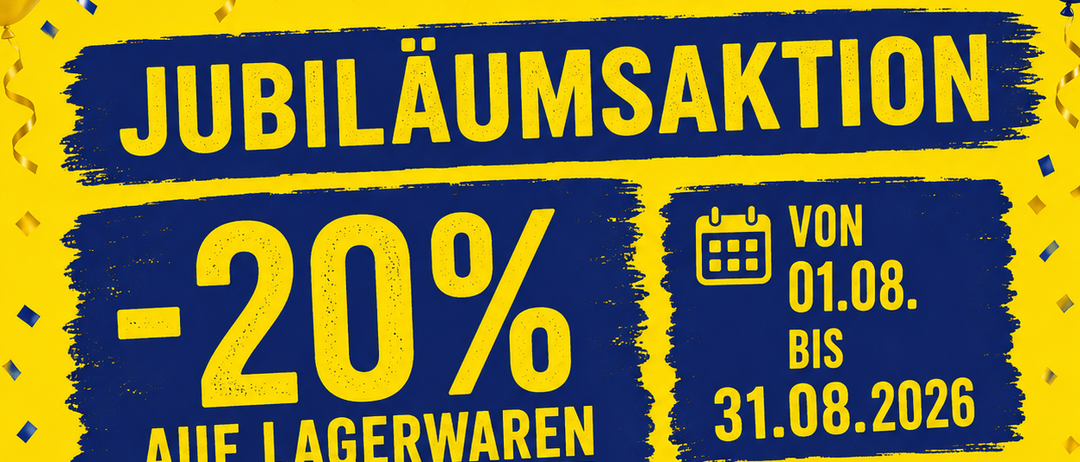 Ein Plakat für einen 55-jährigen Jubiläumsverkauf von Raumausstattung Weber, mit einem 20% Rabatt auf Lagerware vom 1. August bis 31. August 2026. Das Plakat zeigt Luftballons, Konfetti und einen festlichen Ton.