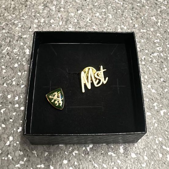 Ein schwarzes Kästchen mit zwei Abzeichen darin, eines golden mit den Buchstaben MST und ein anderes grün mit einem Löwendesign.