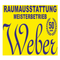 Ein gelbes Banner mit blauem Text sagt 'Weber' und '50 Jahre' mit einem Lorbeerkranz-Symbol. Es steht 'Raumausstattung Meisterbetrieb'.
