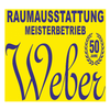 Ein gelbes Banner mit blauem Text sagt 'Weber' und '50 Jahre' mit einem Lorbeerkranz-Symbol. Es steht 'Raumausstattung Meisterbetrieb'.