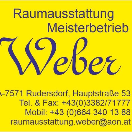Gelbe Visitenkarte für Raumausstatter Weber, ein Meisterbetrieb, in A-7571 Rudersdorf, Hauptstraße. Telefonnummern und E-Mail-Adresse angegeben. QR-Code enthalten.