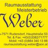 Gelbe Visitenkarte für Raumausstatter Weber, ein Meisterbetrieb, in A-7571 Rudersdorf, Hauptstraße. Telefonnummern und E-Mail-Adresse angegeben. QR-Code enthalten.