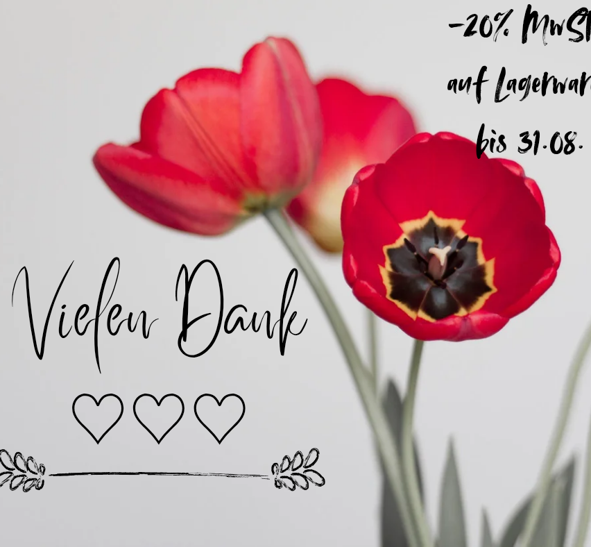 Bild mit roten Tulpen und Rabattangebot. Es zeigt drei rote Tulpen mit Text '-20% Rabatt' und 'Vielen Dank' in schwarz. Darunter befinden sich drei Herzsymbole.