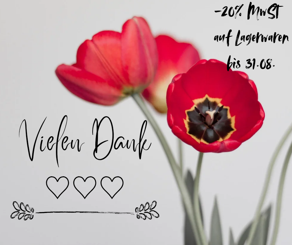 Bild mit roten Tulpen und Rabattangebot. Es zeigt drei rote Tulpen mit Text '-20% Rabatt' und 'Vielen Dank' in schwarz. Darunter befinden sich drei Herzsymbole.