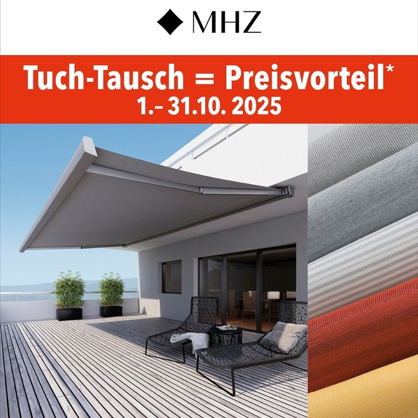 Werbung für MHZ mit einem Balkon, Outdoor-Möbeln und einem ausziehbaren Sonnenschirm. Die Aktion läuft vom 1. bis 31. Oktober 2025 und bietet einen Preisvorteil mit Stoffwechsel.