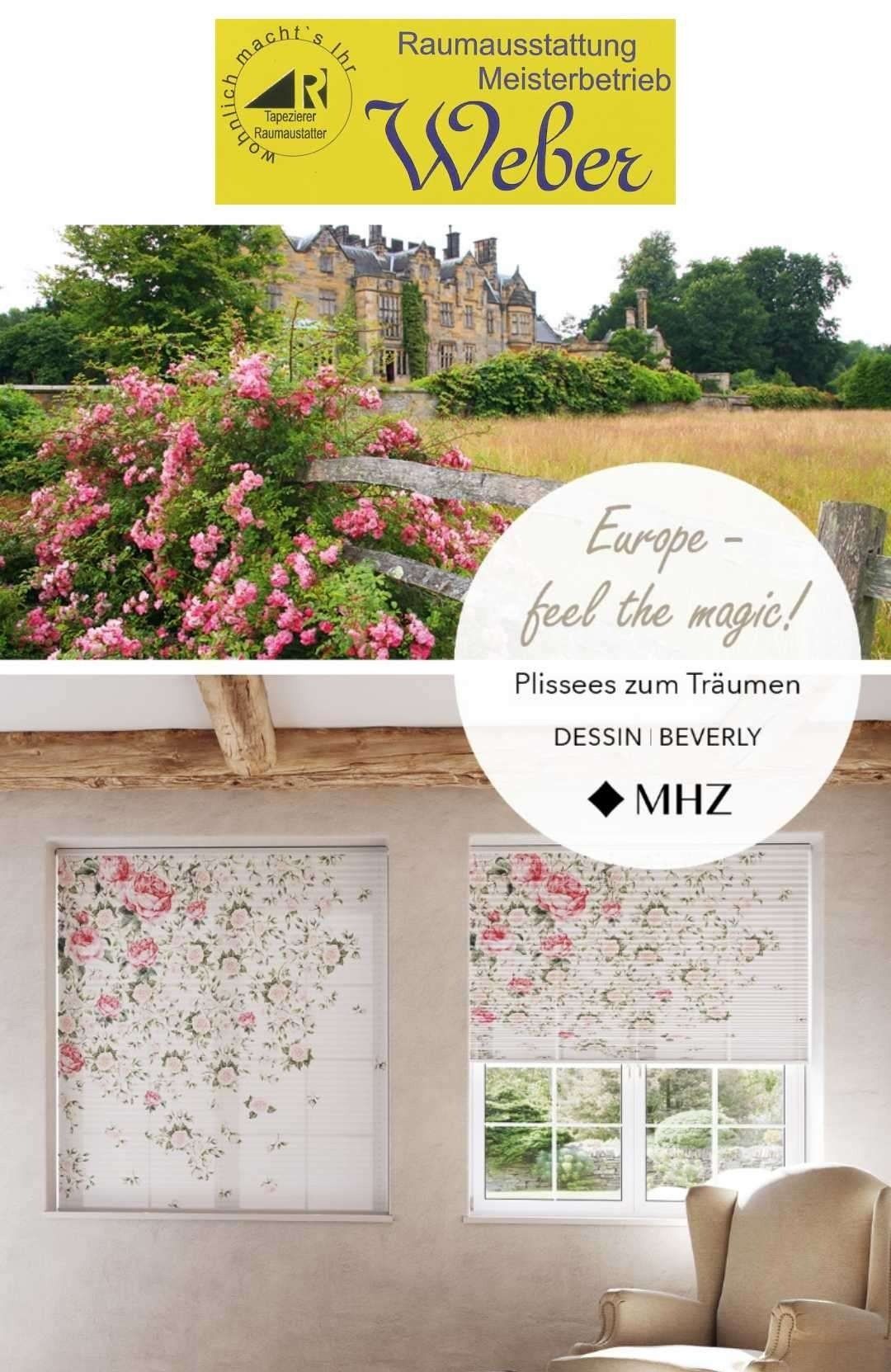 Eine Collage von Bildern, die eine europäische Landschaft mit einem Schloss und rosa Blumen zeigt, begleitet von blumengemusterten Rollos und dem Text 'Europa - fühle den Zauber!' und 'Plissees zum Träumen'.