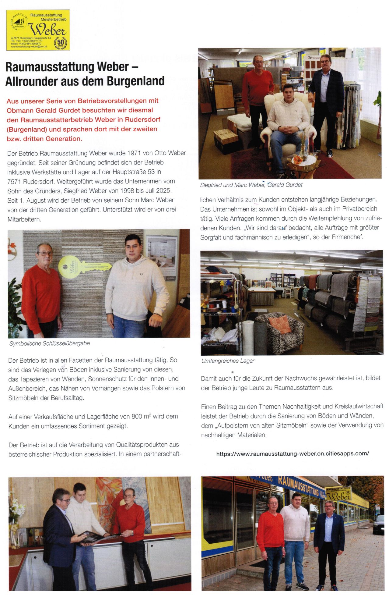 Bild zeigt einen Artikel über den Raumausstatterbetrieb Weber in Rudersdorf, der die Betriebsabläufe, die Geschichte und das Engagement für nachhaltige Praktiken diskutiert. Fotos zeigen Besitzer, Arbeitsbereiche und Materialien.