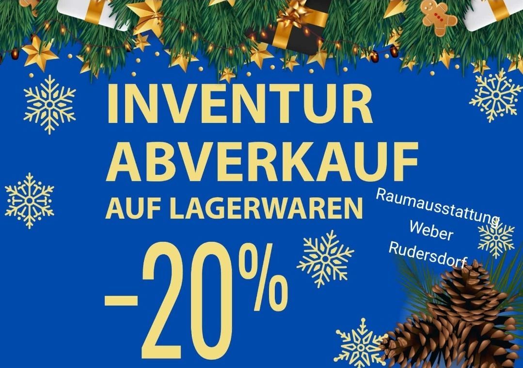 Blaues Plakat mit Weihnachtsdekorationen und einer Verkaufsankündigung für den Lagerverkauf von Lagerbeständen mit 20% Rabatt.