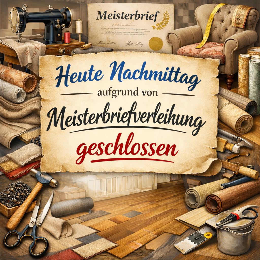 Ein Poster mit zerrissenem Rand, das den Titel 'Heute Nachtmittag aufgrund von Meisterbriefverleihung geschlossen' zeigt. Im Hintergrund sind eine Nähmaschine, ein Zertifikat, ein Stuhl und verschiedene Bastelwerkzeuge zu sehen.