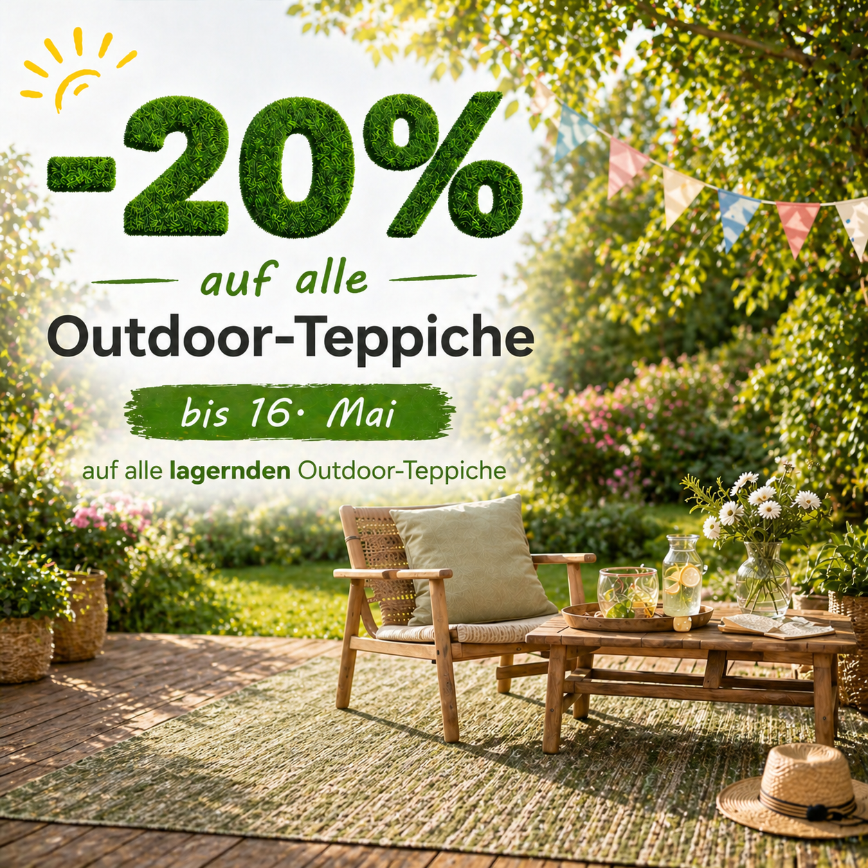 Werbung für 20% Rabatt auf alle Outdoor-Teppiche bis zum 16. Mai. Eine Terrasse mit einem Holzstuhl, einem Tisch und einer dekorativen Pflanze.