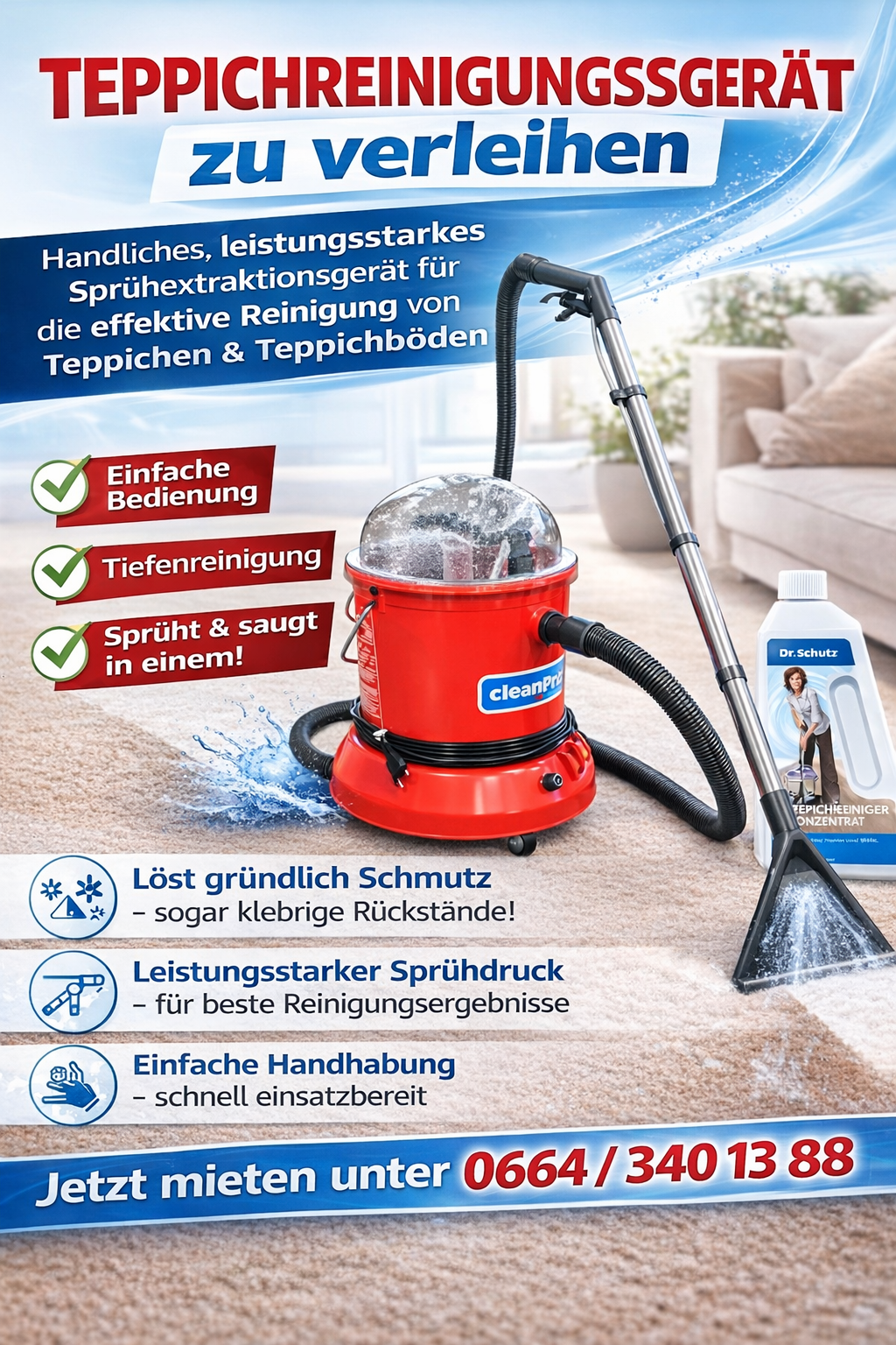 Werbung für einen Teppichreinigungssauger von Dr. Schutz, der einen roten Sauger mit Wassertank auf einem Teppichboden zeigt. Der Sauger ist dabei beim Spritzen und Saugen abgebildet, mit einer Flasche Reinigungslösung in der Nähe. Zu den Vorteilen gehören gründliche Reinigung, leistungsstarker Spritzdruck und einfache Bedienung.