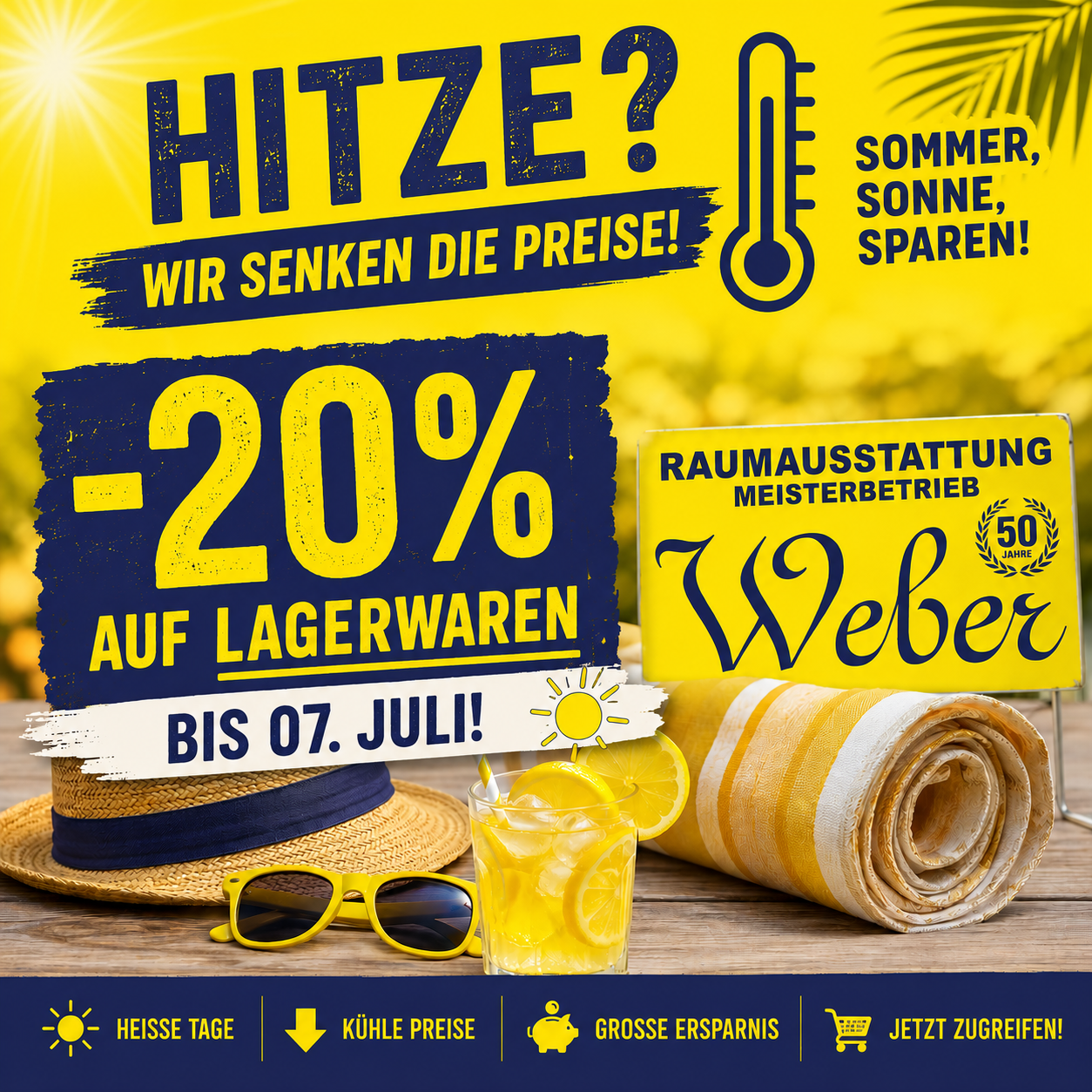Ein Poster mit einem Hut, Sonnenbrille und einem Glas Limonade. Es steht 'Hitze? Wir senken die Preise!' mit einem Thermometersymbol und '-20% auf Getränke'. Es gibt ein Weber-Logo.