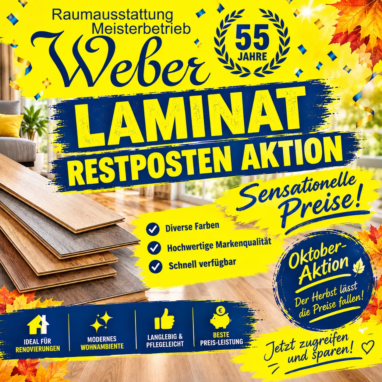 Ein Werbeplakat für Webers 55. Jubiläum, das einen Stapel Laminatboden, ein gemütliches Wohnzimmer und ein Fenster mit Blick auf Herbstblätter zeigt.