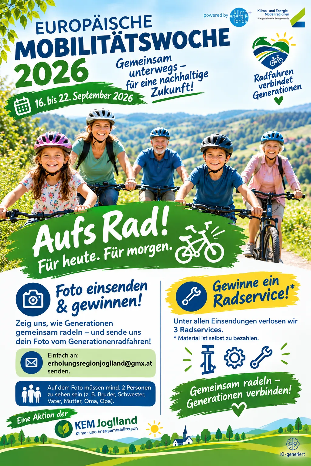 Plakat für eine Fahrradveranstaltung mit mehreren Generationen, die gemeinsam Rad fahren. Das Plakat enthält einen Aufruf an die Teilnehmer, Fotos einzureichen und Preise zu gewinnen. Die Veranstaltung ist vom 16. bis 22. September 2026 geplant.