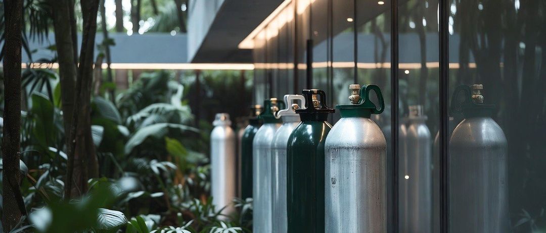 Mehrere Gasflaschen sind an der Glaswand eines Gebäudes aufgereiht. Das Gebäude ist von üppiger Grünfläche umgeben.