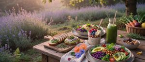A breakfast spread on a wooden table in a lavender field. Plates with fruits, vegetables, and bread are accompanied by a green smoothie in a jar.