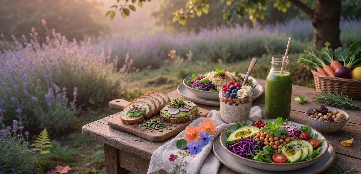 Ein Frühstücksbuffet auf einem Holztisch in einem Lavendelfeld. Teller mit Obst, Gemüse und Brot werden von einem grünen Smoothie in einem Glas begleitet.