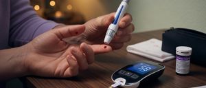 A person uses a digital glucometer to measure blood sugar levels, with a lancet and test strip in hand.