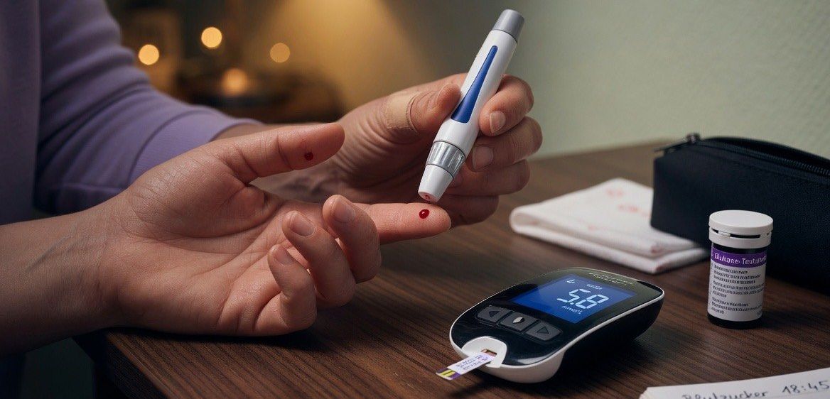 Eine Person verwendet ein digitales Glukometer, um den Blutzuckerspiegel zu messen, mit einem Lanzett und Teststreifen in der Hand.
