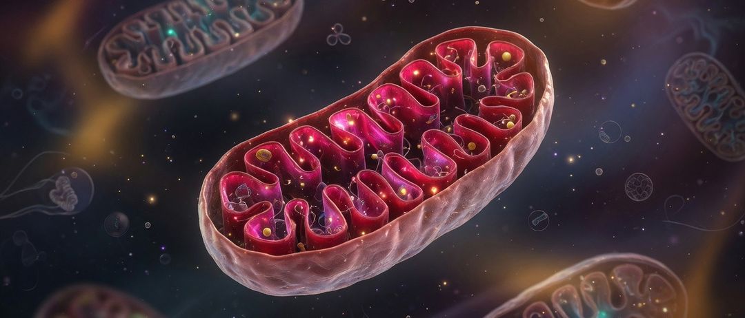 Eine vergrößerte Ansicht einer DNA-Strang mit leuchtenden Komponenten und umherschwimmenden Blasen. Die DNA-Struktur ist prominent dargestellt.