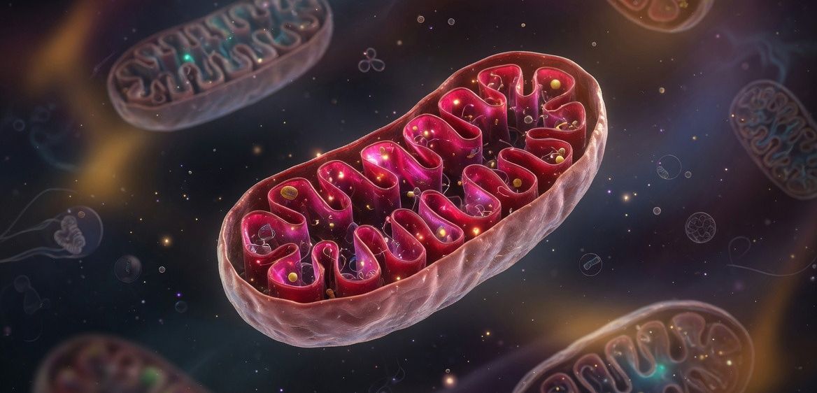 Eine vergrößerte Ansicht einer DNA-Strang mit leuchtenden Komponenten und umherschwimmenden Blasen. Die DNA-Struktur ist prominent dargestellt.