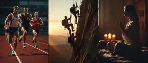 Vier Bilder zeigen verschiedene Szenen: Läufer auf einer Bahn, Chirurgen in einem Operationssaal, Kletterer an einer Felswand und eine Frau, die drinnen meditiert.