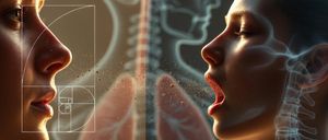 Das Bild zeigt zwei Frauen, die nasales und Mundatmen demonstrieren. Nasenatmung verwendet die Nase und enthält das Goldene-Verhältnis-Symbol. Mundatmen zeigt die Lunge und die Wirbelsäule.