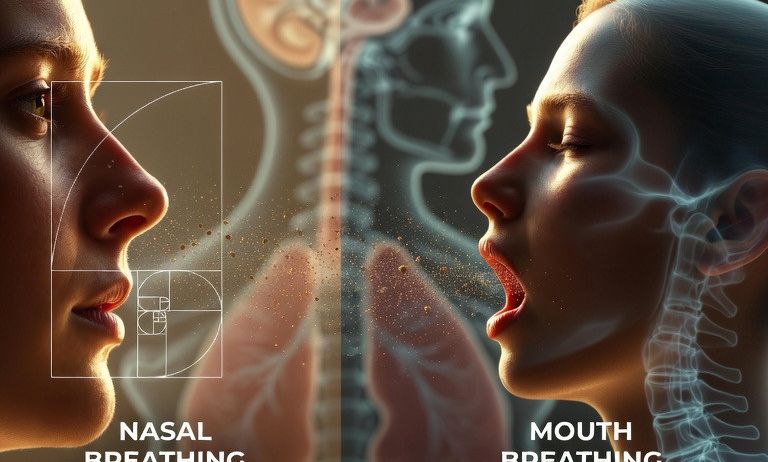 Das Bild zeigt zwei Frauen, die nasales und Mundatmen demonstrieren. Nasenatmung verwendet die Nase und enthält das Goldene-Verhältnis-Symbol. Mundatmen zeigt die Lunge und die Wirbelsäule.