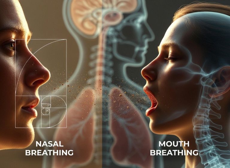 Das Bild zeigt zwei Frauen, die nasales und Mundatmen demonstrieren. Nasenatmung verwendet die Nase und enthält das Goldene-Verhältnis-Symbol. Mundatmen zeigt die Lunge und die Wirbelsäule.