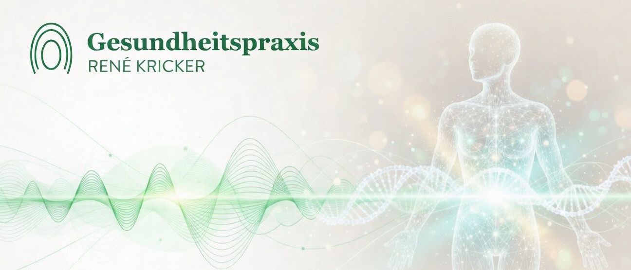 Ein Banner für eine Gesundheitspraxis namens E Kricker, das eine menschliche Figur mit sichtbaren Organen und einer DNA-Strang zeigt.