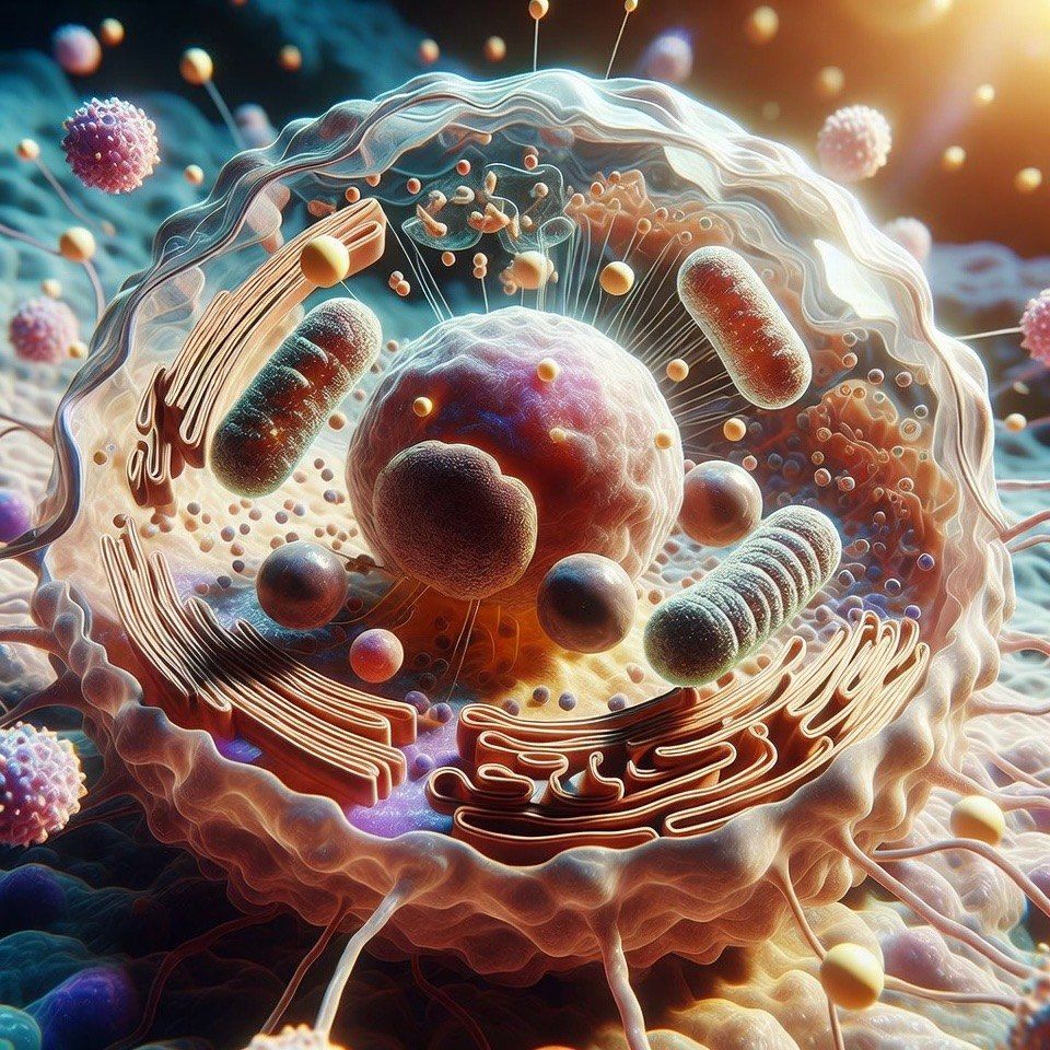 Eine künstlerische Darstellung einer Zelle mit Zellkern und Organellen, einschließlich Bakterien und Vesikeln, in einer komplexen Umgebung.