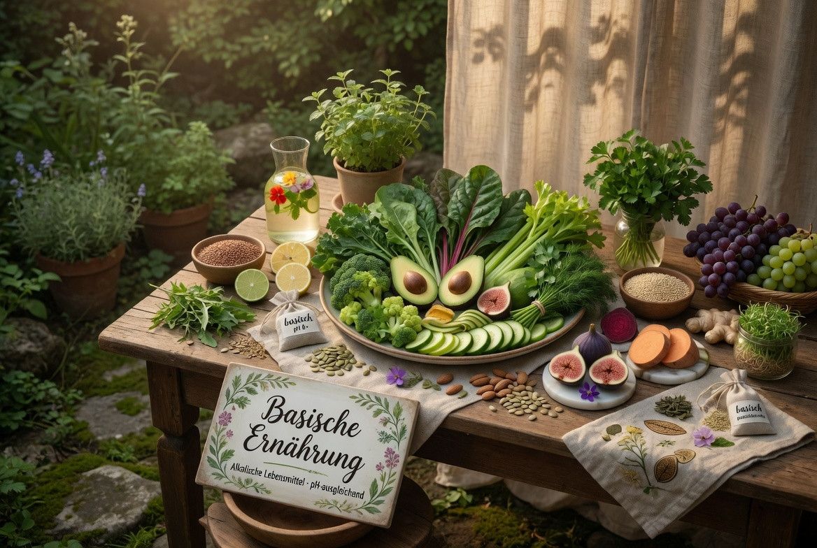 Ein Holztisch mit einem Teller mit Gemüse, Kräutern und Samen. Es gibt auch Schüsseln mit Essen, eine Vase und ein Teller mit Früchten. Ein Schild mit Text steht auf einem Schüssel. Es gibt Topfpflanzen und eine Glasvase mit Blumen auf dem Tisch.