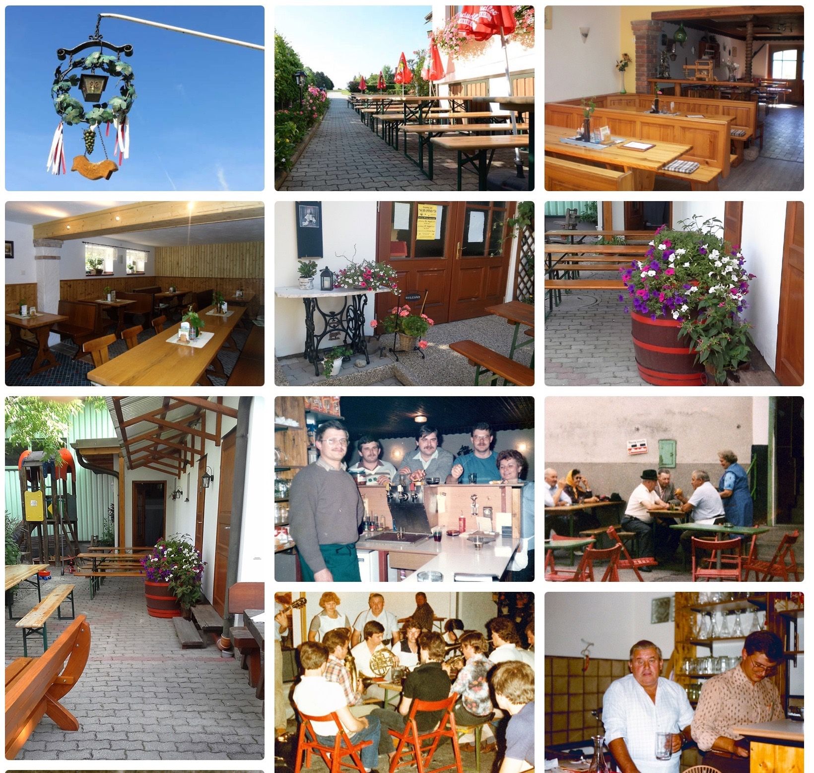 Eine Collage aus neun Bildern, die verschiedene Szenen eines Restaurants zeigt. Zu den Merkmalen gehören Außensitzplätze, eine Blumenarrangement, eine Bar und Gruppen von sitzenden und stehenden Personen.