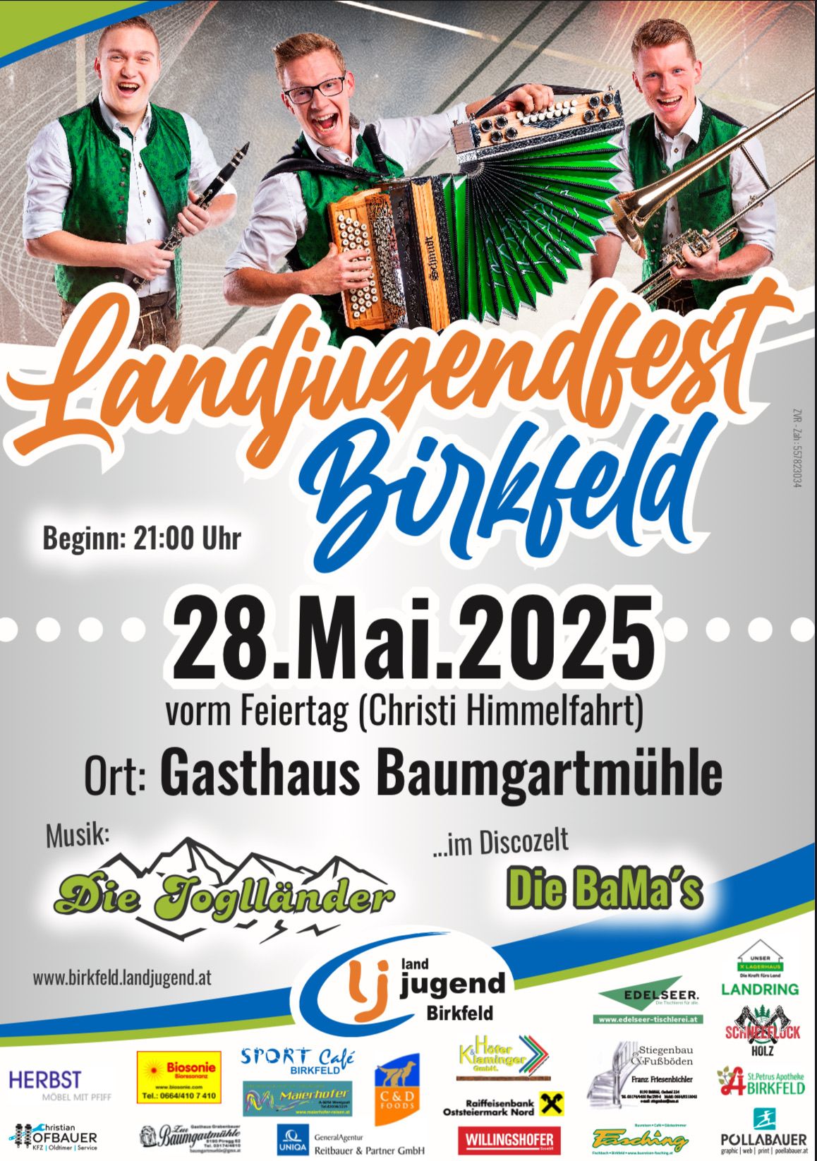 Landjugendfest Birkfeld Plakat. Datum: 28. Mai 2025. Beginn: 21:00 Uhr. Ort: Gasthaus Baumgartmühle. Musik von Die Joglländer und Die BaMa's. Webseite: www.birkfeld.landjugend.at.